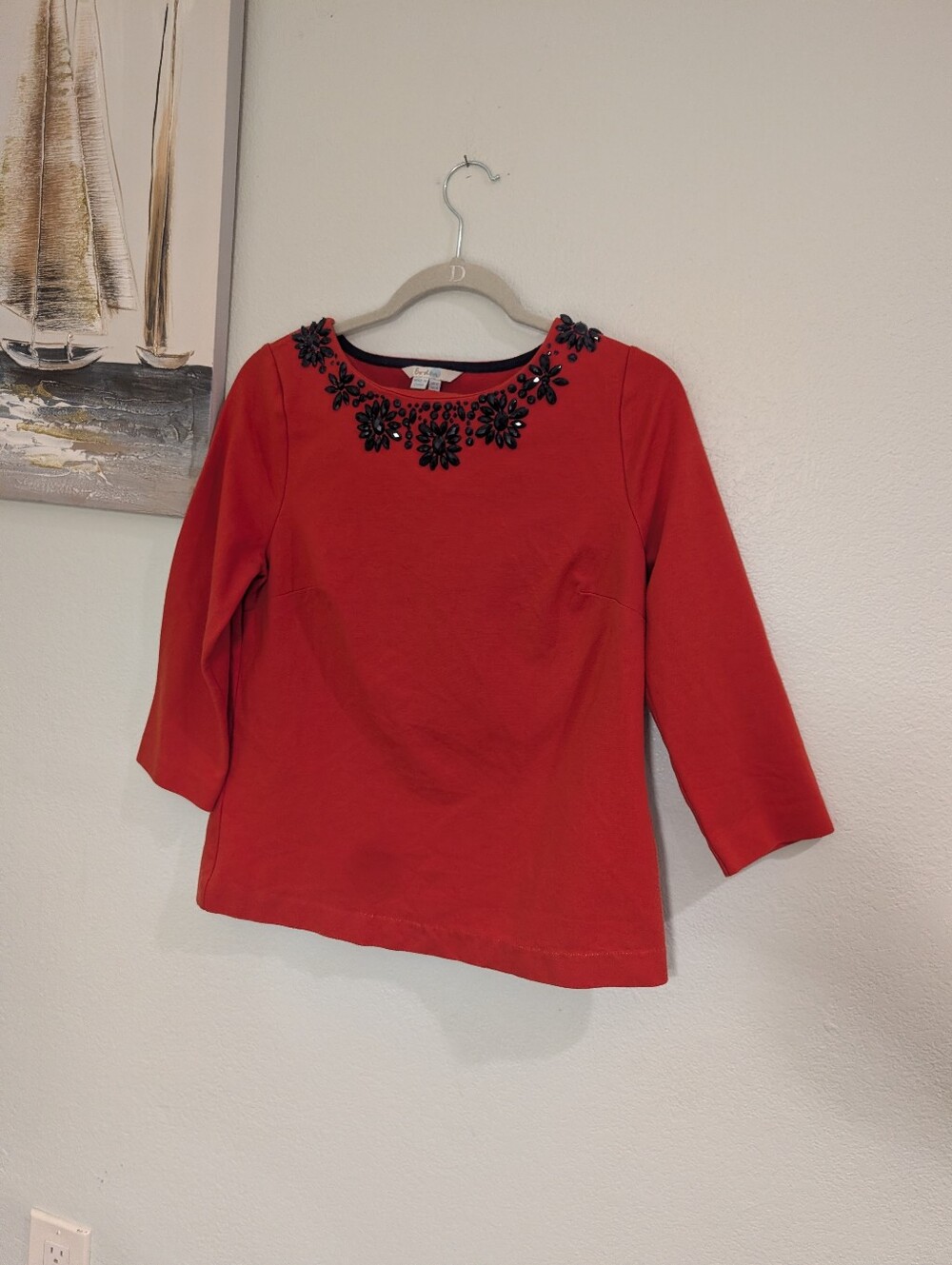 boden Embellished Beads Red Women's Top - Classic Neck Detail Size Small